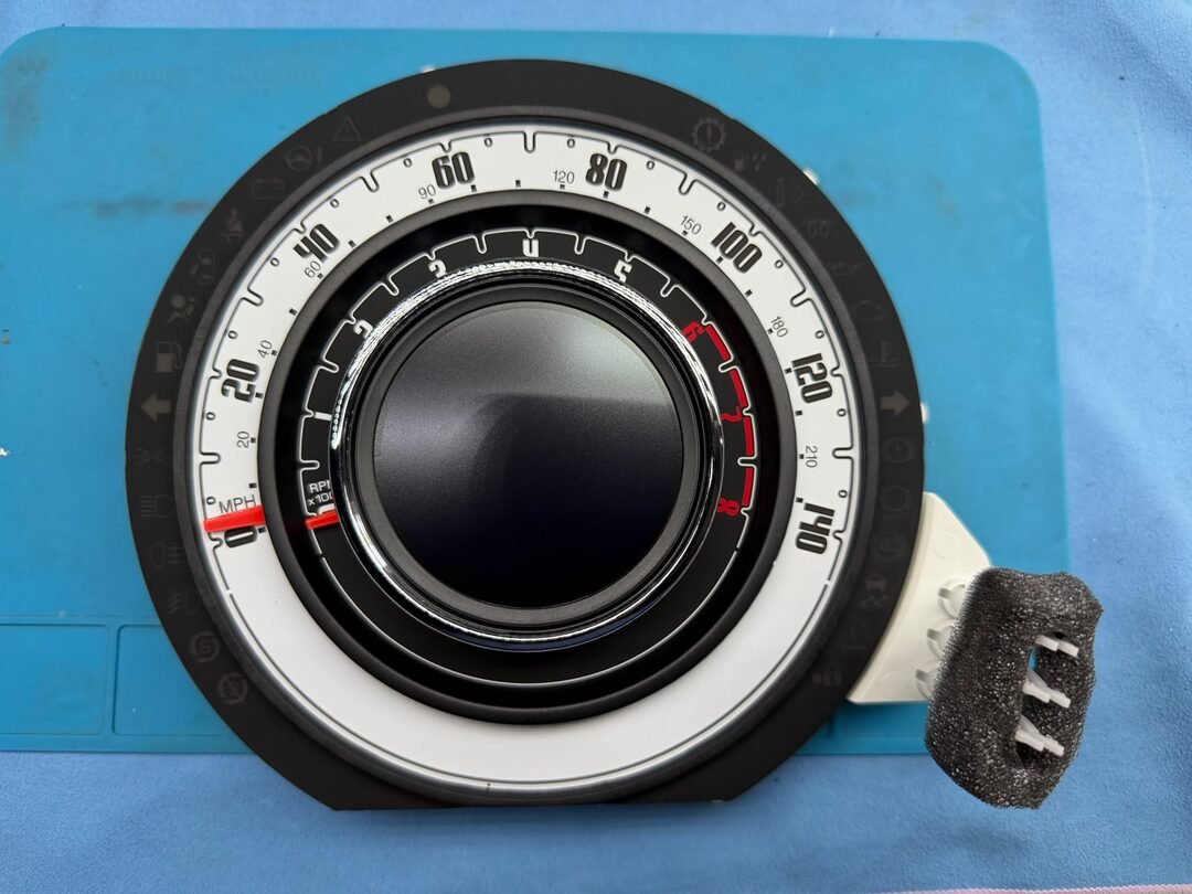 New LCD screen fitted to the original Fiat 500 instrument cluster before reassembly