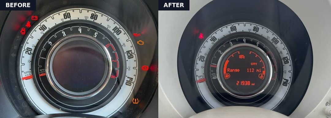 Fiat 500 instrument cluster before and after screen replacement — blank dead display on the left, clear working display showing the original mileage on the right